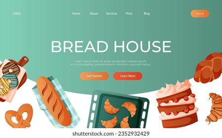 Landing page with pastries from the dough. Homemade bread, croissants, pretzel, cake, baguette, cupcake, donuts pastry. Baking, bakery shop, cooking, sweet, dessert. Vector for banner, website, banner