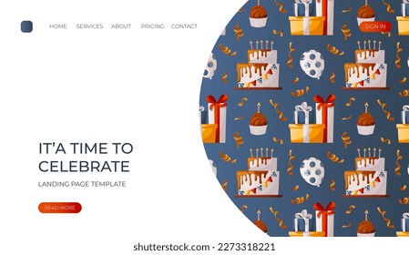 Landing page with pattern chocolate cake, sparkle, bunch of gifts, confetti, ballons on blue. Birthday party, celebration, holiday, event, bakery, tasty food concept. Vector for banner, web 