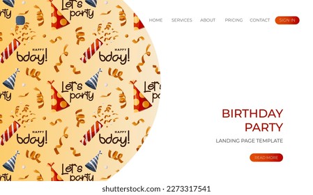 Landing page with pattern paper caps, party cracker with confetti. Happy bday handwritten lettering. Birthday party, celebration, holiday, event, bakery, tasty food concept. Vector for banner, web 