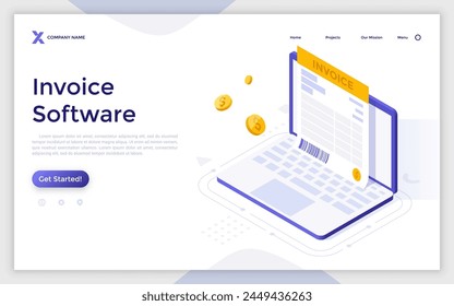 Landing page with payment bill on screen of laptop. Commercial document regulating financial relations. Invoice concept isometric vector illustration. Sending paper on internet 3d composition