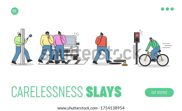 Landing page with pedestrian accidents.\
Careless people with messaging or talking on smart phones walking,\
bicycling or crossing road. Carelessness on road concept. Flat\
vector illustration