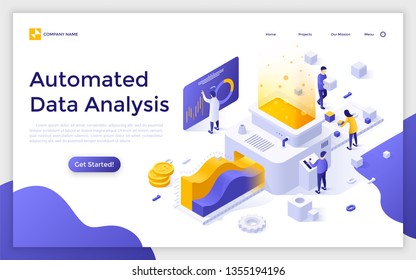 Landing page with people or analysts working on conveyor and place for text. Automated data analysis, financial forecast, market research. Modern isometric vector illustration for website, webpage.