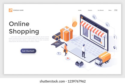 Landing page with people or buyers, giant laptop computer with store front on screen and place for text. Modern isometric vector illustration for online shopping advertisement, internet retail promo.