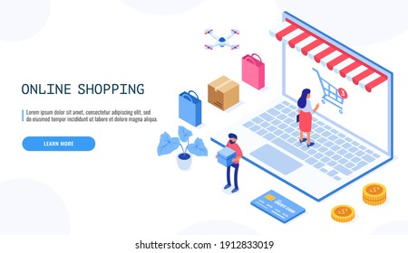 Landing page with people or buyers, giant laptop computer with store front on screen and place for text. Isometric vector illustration.