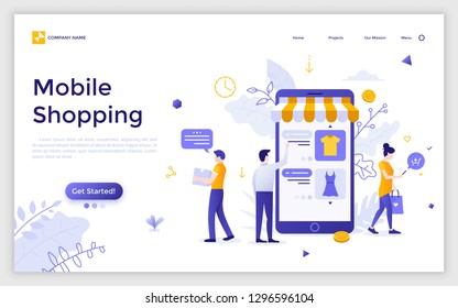 Landing page with people buying clothes online in internet store on giant smartphone, carrying purchases and place for text. Mobile shopping. Modern vector illustration for application advertisement.