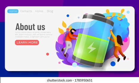 Landing page. People Carry Huge Battery with Low Charging Level. Energy concept. Modern flat vector illustration.