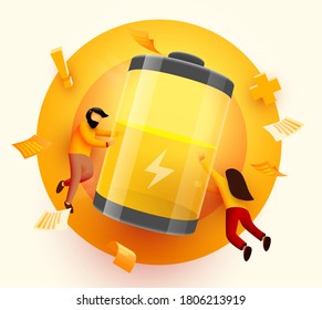 Landing page. People Carry Huge Battery with Low Charging Level. Energy concept. Modern flat vector illustration.