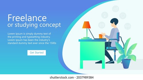 Landing page with people character. Man with laptop sitting on the chair. Freelance or studying concept. Cute illustration in flat style. great for social media promotional materials