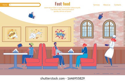 Landing Page with People Characters Rest Eat Enjoying Meal in Fast Food Restaurant. Flat Cafe Interior. Online Meal Order. Booking Table at Cafeteria Service. Vector Cartoon Illustration