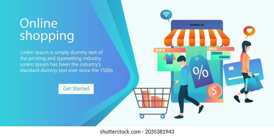 Página de inicio con personajes de la gente. Plantilla de ilustración de vectores de compras en línea. Fácil de editar y personalizar. Concepto plano genial para materiales promocionales de medios sociales