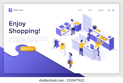 Landing page with people or customers buying clothes in apparel store or boutique and place for text. Fashion retail and shopping. Creative isometric vector illustration for advertisement, promotion.