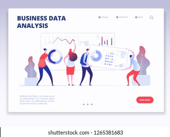 Landing page. People with dashboard and data charts infographic. Business analysis and statistics agency vector concept