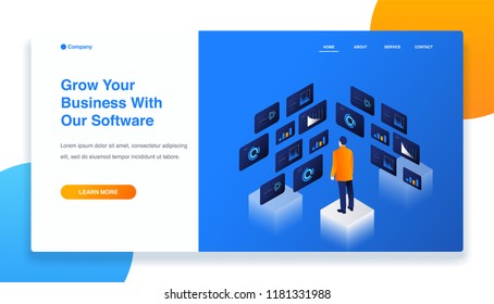 Landing page with People interacting with a dashboard vector 3d illustration. Data analysis, statistics collection.