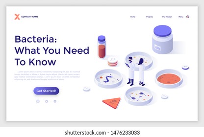Landing page with people in lab coats and Petri dishes with bacterias. Bacteriology experiment, microbiology scientific research. Isometric infographic design template. Modern vector illustration.