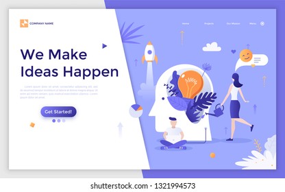 Landing page with people, managers or clerks working on laptop and cultivating light bulb growing in giant head. Idea creation, creative management, brainstorming. Modern flat vector illustration.