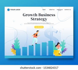 Landing Page people run to their goal on the column of columns, move up motivation, the path to the target's achievement. Vector illustration