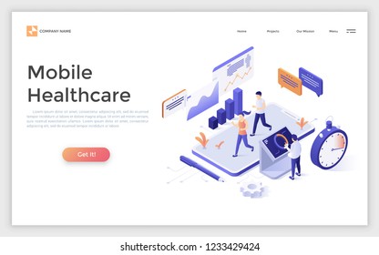 Landing page with people running or jogging on giant smartphone and man monitoring health indicators. Concept of mobile healthcare. Isometric vector illustration for fitness application advertisement.