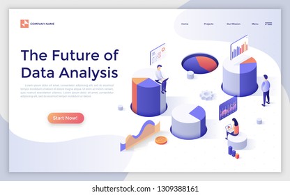 Landing page with people sitting on giant diagrams or charts and analyzing statistical information. Future of big data analysis, financial forecasting. Isometric vector illustration for website.