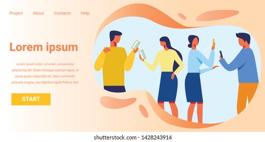 Landing Page with People Use Smartphone. Social Network Chatting, Online Shopping, Gifts Purchasing Opportunities. E-mail Service, Global Business on Mobile Advertising. Vector Flat Illustration