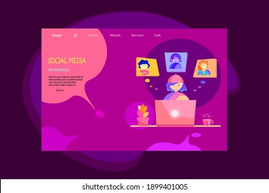 Landing page of people working in home and chat with friends. UI, web template, web element, digital activity, apps component and mobile apps uses. 