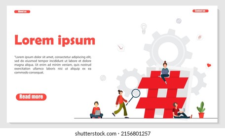 Landing page with people working with laptops and using big hashtag and different symbols in social media, sending post and sharing in Internet, social media concept, flat vector illustration
