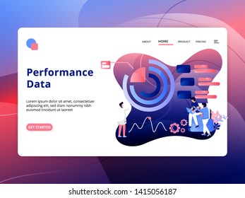 Landing page Performance Data is a modern style, the concept of people discussing graph analysis, can be used for landing pages, web, ui, banners, templates, backgrounds, posters - Vector