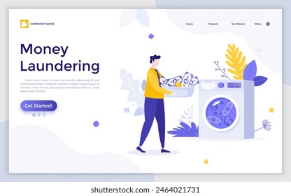 Landing page with person carrying basin full of dollar banknotes and coins to washing machine. Concept of money laundering, illegal financial activity. Modern vector illustration web banner