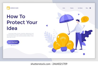 Landing page with person covering pile of lightbulbs with umbrella. Concept of legal protection of creative ideas, copyright law protecting inventions. Modern vector illustration for web banner