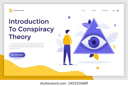 Landing page with Person looking at eye of providence symbol enclosed in triangle. Concpiracy theory, secret society, mysterious organization. Modern flat colorful vector illustration