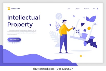 Landing page with Person putting stamp on image or painting. Concept of copyrighted artwork, law protection of intellectual property or artist's rights on creative work. Modern vector illustration
