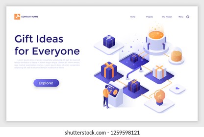 Landing page with person standing at control panel and choosing item to present and place for text. Concept of gift ideas for everyone. Isometric vector illustration for internet service website.