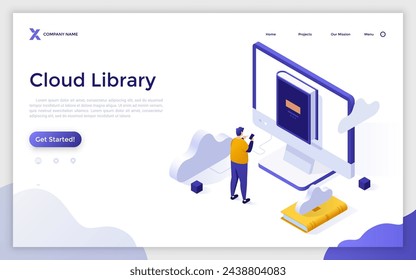 Landing page with person standing in front of laptop and books. Scene for cloud library, global internet service for textbooks storage, electronic bookshelf. Isometric vector illustration.