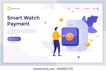 Landing page with person touching smartwatch with dollar coin on screen. Concept of hi-tech electronic device for payment, financial transaction, money transfer. Modern illustration for web banner