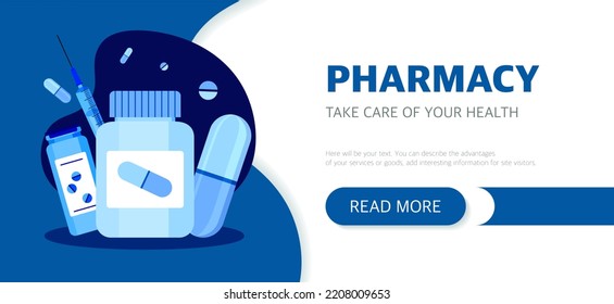 Landing page of the pharmacy website. The concept of medicine and health. Vector illustration in a flat style on a blue 