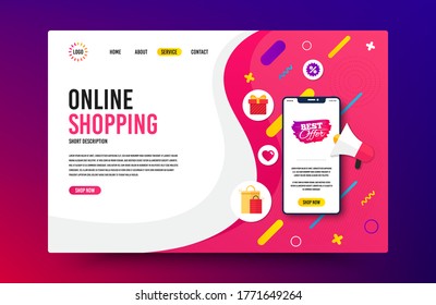 Landing page with phone mockup. Best offer badge. Discount banner shape. Sale coupon bubble icon. Website template banner with smartphone screen. Shopping mockup web page template. Vector