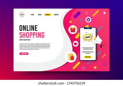 Landing page with phone mockup. Boom sale badge. Discount banner shape. Coupon bubble icon. Website template banner with smartphone screen. Shopping mockup web page template. Boom sale banner. Vector