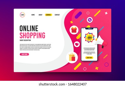 Landing page with phone mockup. Sale 20 percent off badge. Discount banner shape. Coupon bubble icon. Website template banner with smartphone screen. Shopping mockup web page template. Vector