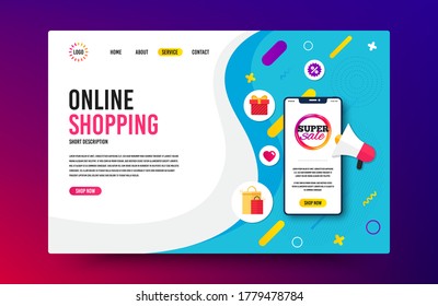 Landing page with phone mockup. Super sale badge. Discount banner shape. Coupon bubble icon. Website template banner with smartphone screen. Shopping mockup web page template. Vector