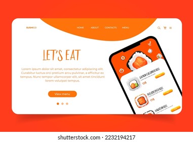 Landing page with phone prototype app with asian food. Web site with sushi for business company.