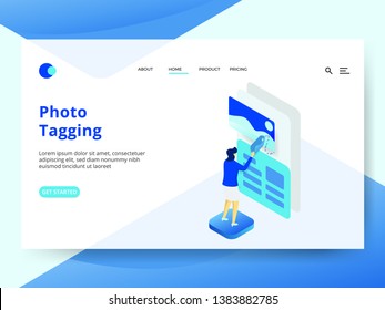 Landing Page Photo Tagging concept, a woman marking photos on a board, can be used for onboarding mobile apps, web landing pages, banners, posters. vector-illustration