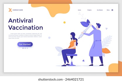 Landing page with physician or doctor with syringe injecting vaccine or medication in woman. Website concept of intramuscular injection, coronavirus vaccination campaign. Flat vector illustration.