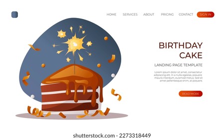 Landing page with piece of cake with melted chocolate glaze icing , burning sparkler. Cheesecake slice. Birthday party, celebration, holiday, event, bakery, tasty food concept. Vector for banner, web