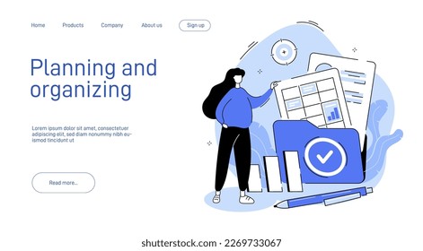 Landing page planning and organizing illustration. Characters making calendar appointments and to do list. Characters planning work tasks, filling check list. Business and organization concept.