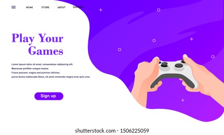 Landing Page Play Your Game. Playing Video Game Using Game Console. Webpage And Website Template.