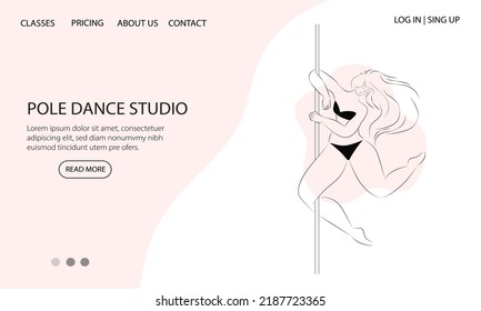 Página de inicio para el estudio de baile de polo con una hermosa mujer de baile de palo. Clases de polo, estudio, concepto deportivo. Composición mínima. Imagen corporal positiva.