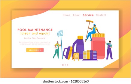 Landing page - Pool maintenance or cleaning service, group of miniature people in uniform, cleaning products for swimming pool, workers with equipment - test water, net, broom, flat vector for website