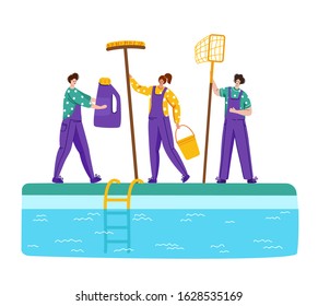 Landing page - Pool maintenance or cleaning service, group of miniature people in uniform, cleaning products for swimming pool, workers with equipment - test water, net, broom, flat vector for website