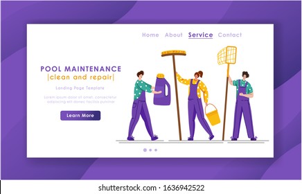 Landing page - Pool maintenance or cleaning service, group of miniature people in uniform, cleaning products for swimming pool, workers with equipment - test water, net, broom, flat vector for website