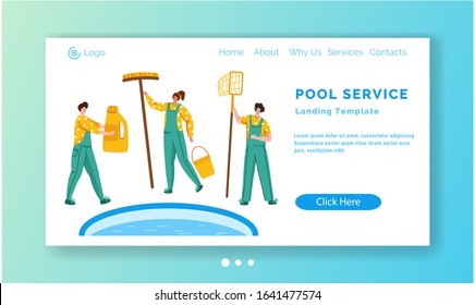 Landing page - Pool maintenance or cleaning service, group of miniature people in uniform, cleaning products for swimming pool, workers with equipment - test water, net, broom, flat vector for website