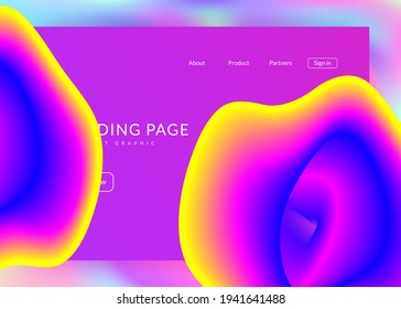 Landing page. Pop ui, interface layout. Vivid gradient mesh. Holographic 3d backdrop with modern trendy blend. Landing page with liquid dynamic elements and fluid shapes.
